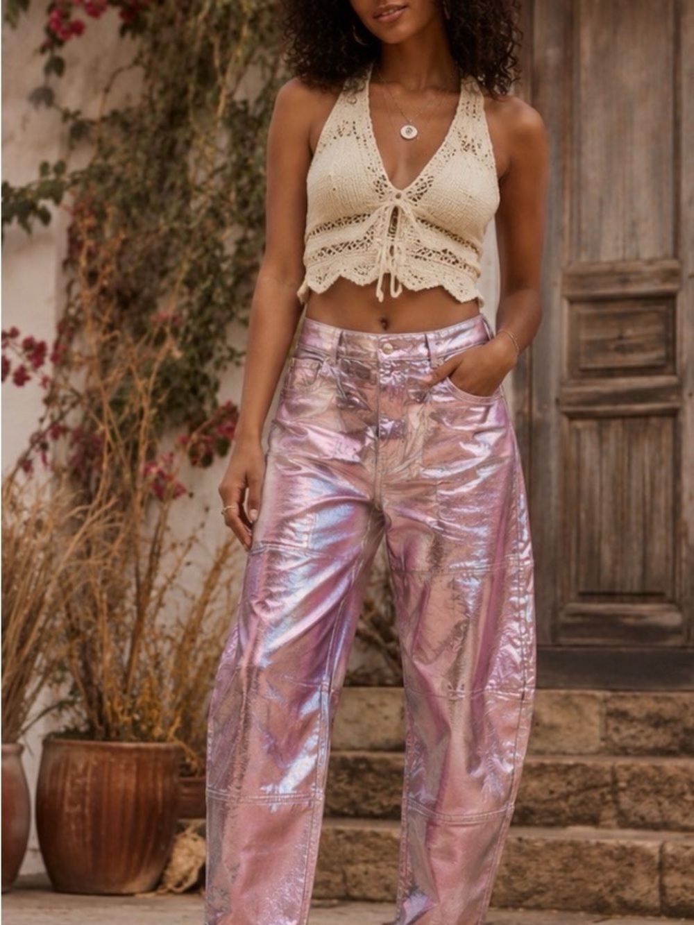 GANNI Lilac Sachet Metallic Foil Coated Jeans Size 38 ( waist 19’ Inseam 29’)
